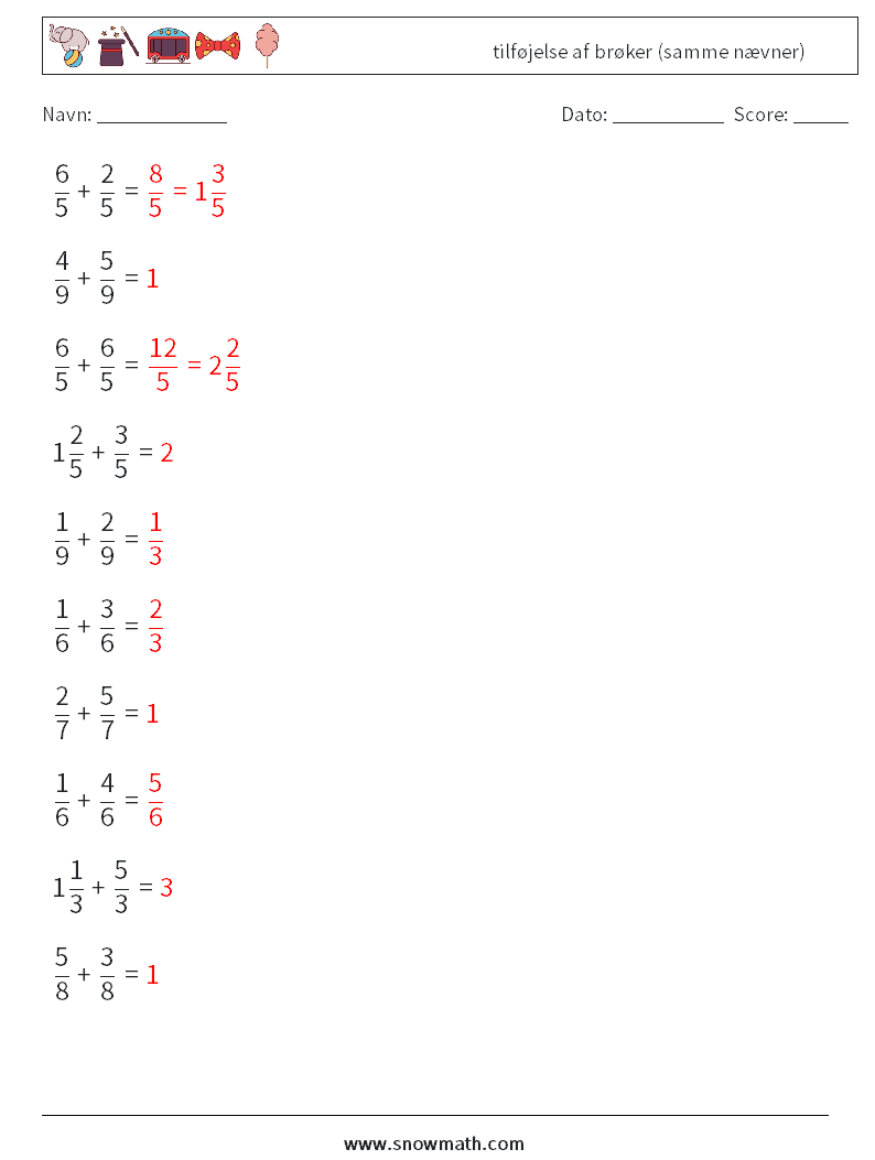 (10) tilføjelse af brøker (samme nævner) Matematiske regneark 8 Spørgsmål, svar