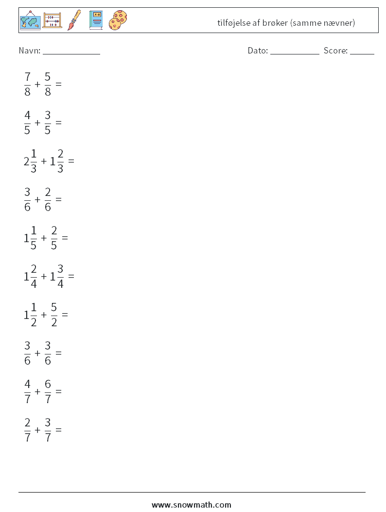 (10) tilføjelse af brøker (samme nævner) Matematiske regneark 9