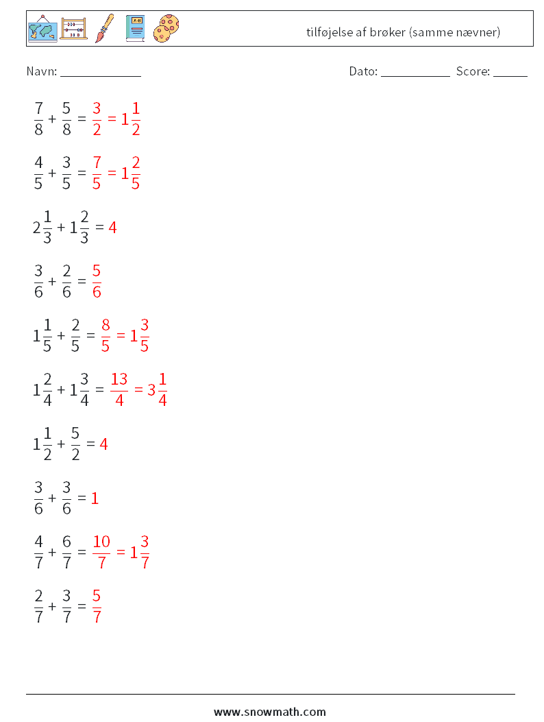 (10) tilføjelse af brøker (samme nævner) Matematiske regneark 9 Spørgsmål, svar