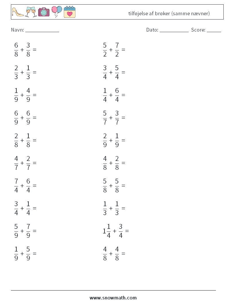 (20) tilføjelse af brøker (samme nævner) Matematiske regneark 1