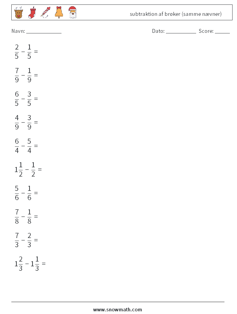 (10) subtraktion af brøker (samme nævner) Matematiske regneark 1