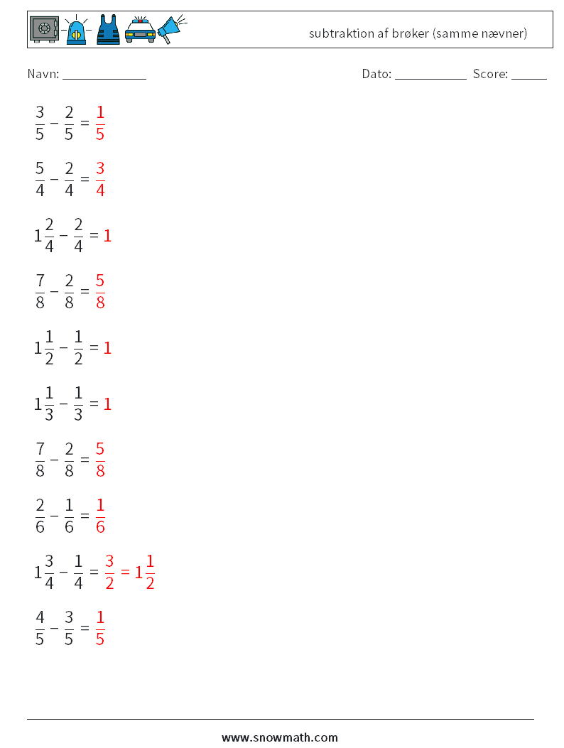 (10) subtraktion af brøker (samme nævner) Matematiske regneark 11 Spørgsmål, svar