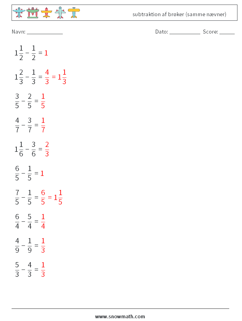 (10) subtraktion af brøker (samme nævner) Matematiske regneark 12 Spørgsmål, svar