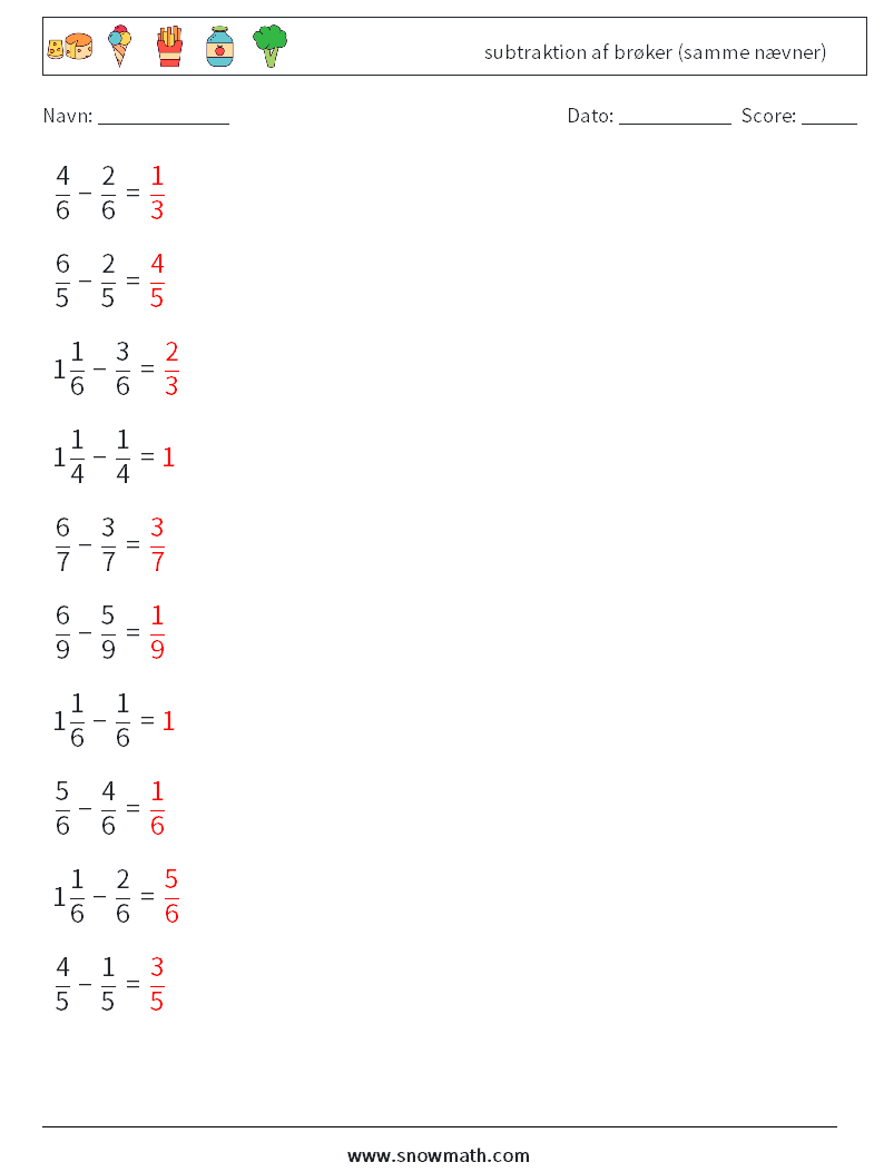 (10) subtraktion af brøker (samme nævner) Matematiske regneark 13 Spørgsmål, svar