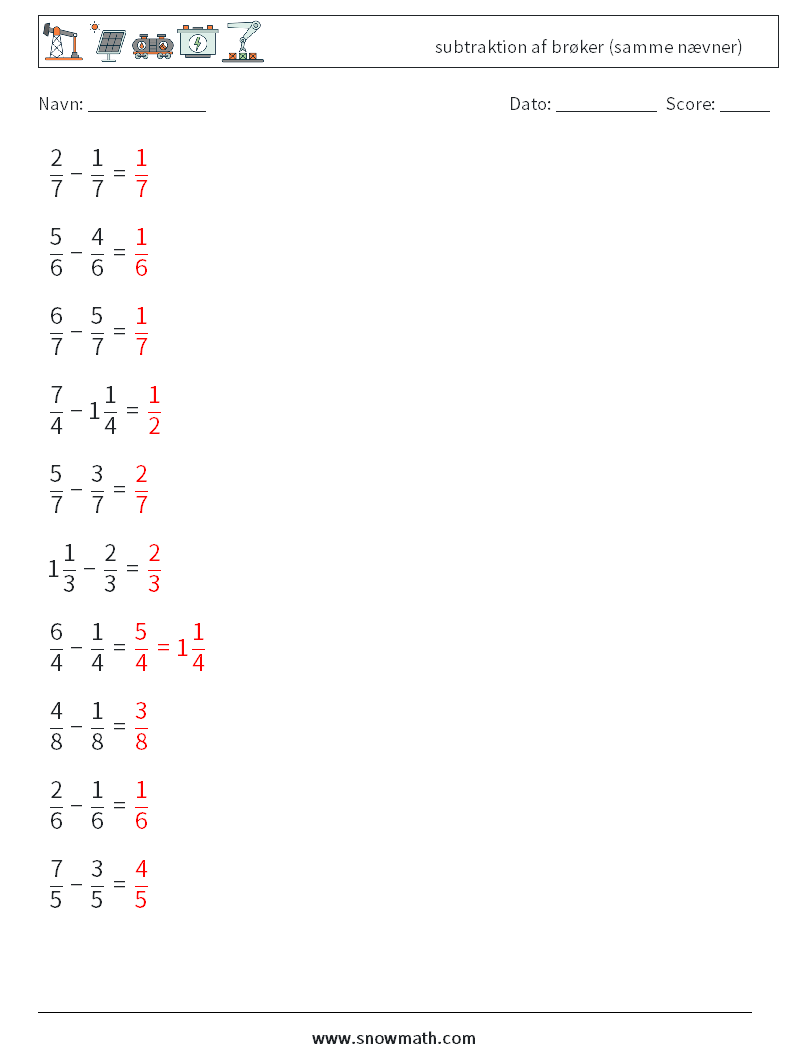 (10) subtraktion af brøker (samme nævner) Matematiske regneark 18 Spørgsmål, svar