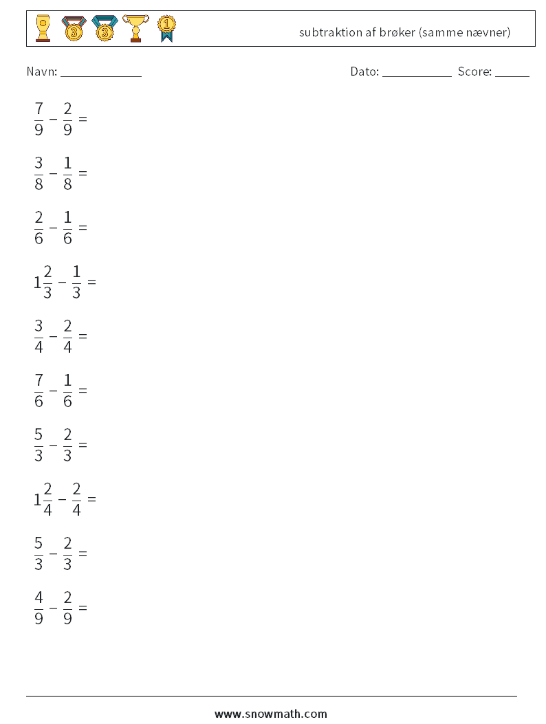 (10) subtraktion af brøker (samme nævner) Matematiske regneark 3