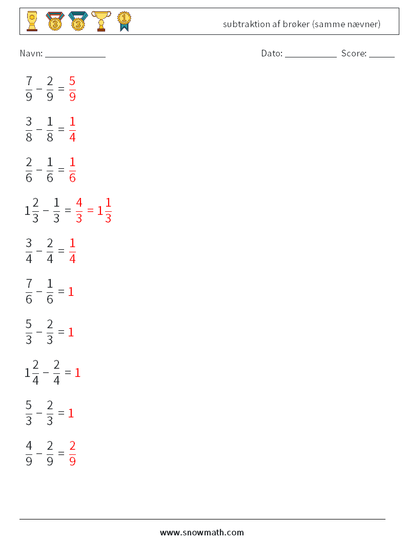 (10) subtraktion af brøker (samme nævner) Matematiske regneark 3 Spørgsmål, svar