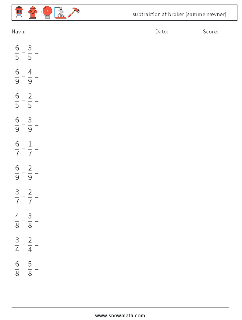 (10) subtraktion af brøker (samme nævner) Matematiske regneark 4