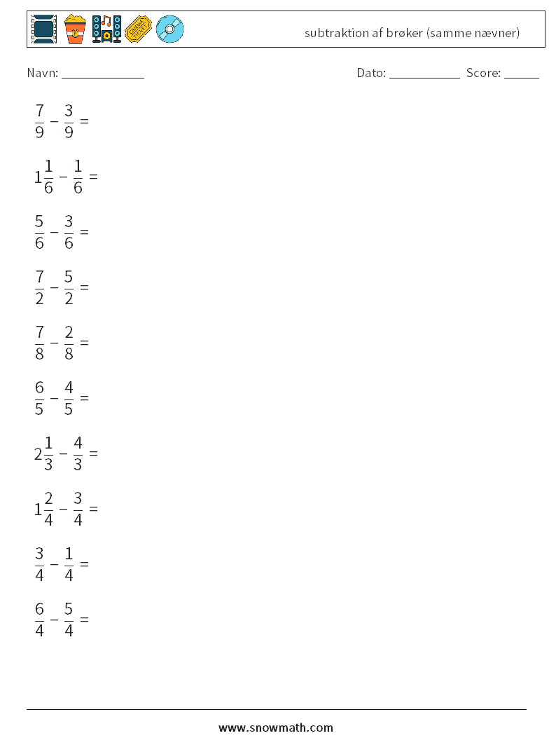 (10) subtraktion af brøker (samme nævner) Matematiske regneark 5
