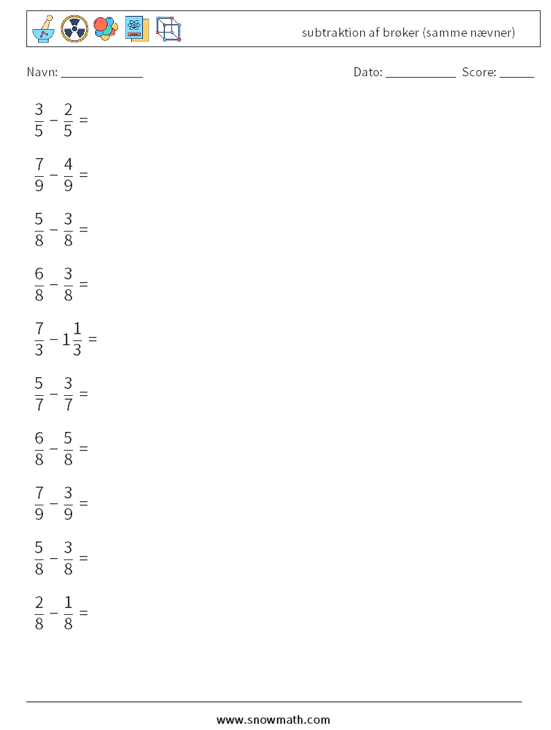 (10) subtraktion af brøker (samme nævner) Matematiske regneark 6