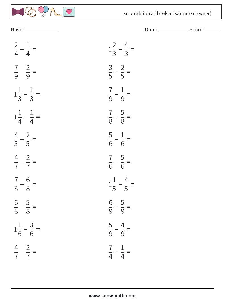 (20) subtraktion af brøker (samme nævner) Matematiske regneark 1