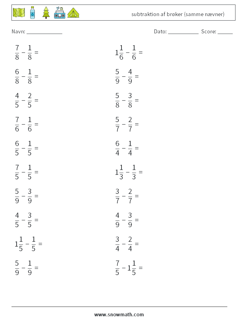 (20) subtraktion af brøker (samme nævner) Matematiske regneark 10