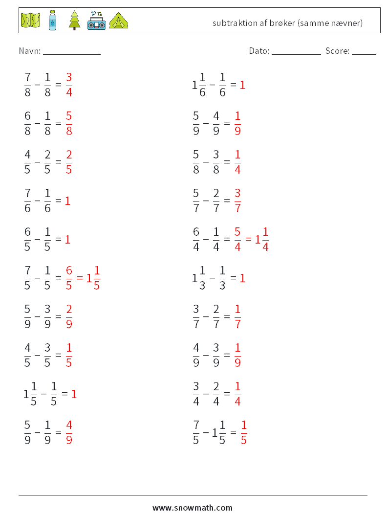 (20) subtraktion af brøker (samme nævner) Matematiske regneark 10 Spørgsmål, svar
