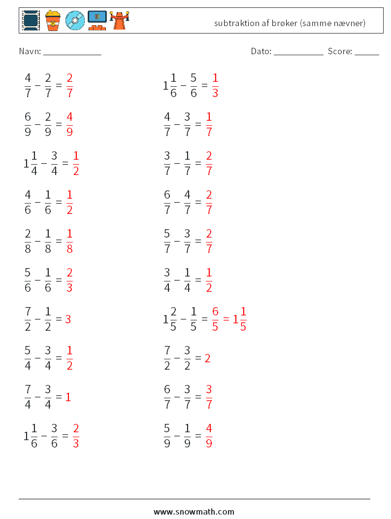 (20) subtraktion af brøker (samme nævner) Matematiske regneark 11 Spørgsmål, svar