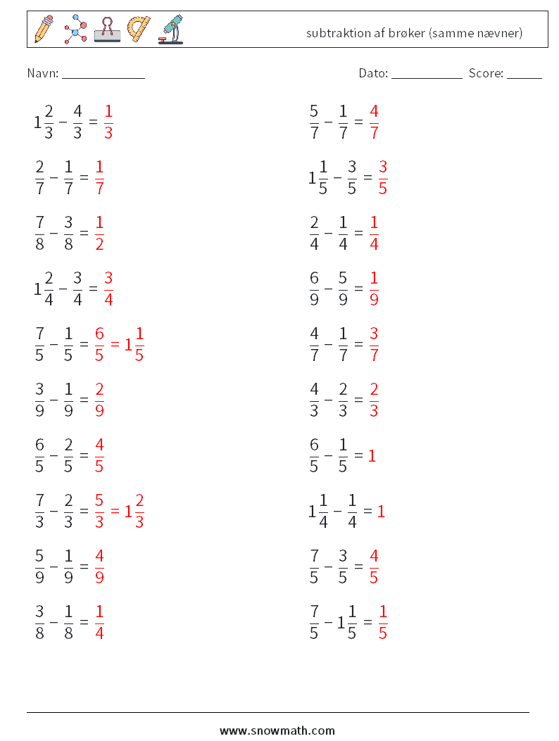 (20) subtraktion af brøker (samme nævner) Matematiske regneark 12 Spørgsmål, svar