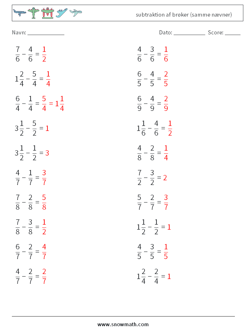 (20) subtraktion af brøker (samme nævner) Matematiske regneark 13 Spørgsmål, svar
