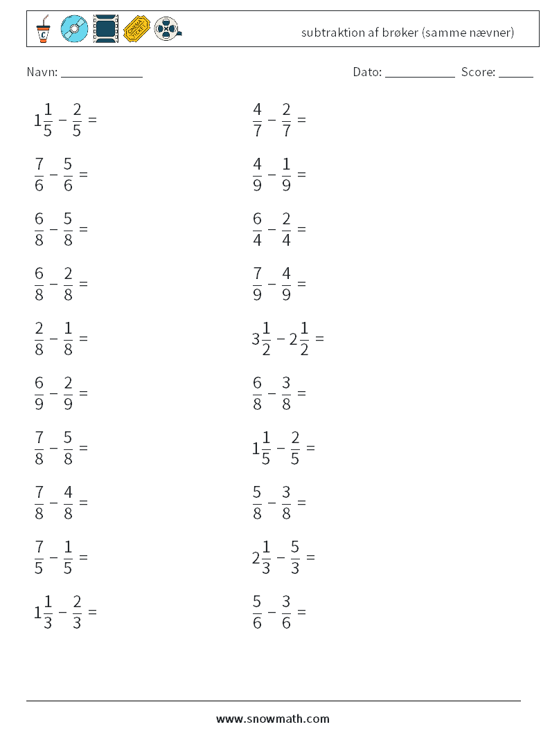 (20) subtraktion af brøker (samme nævner) Matematiske regneark 14