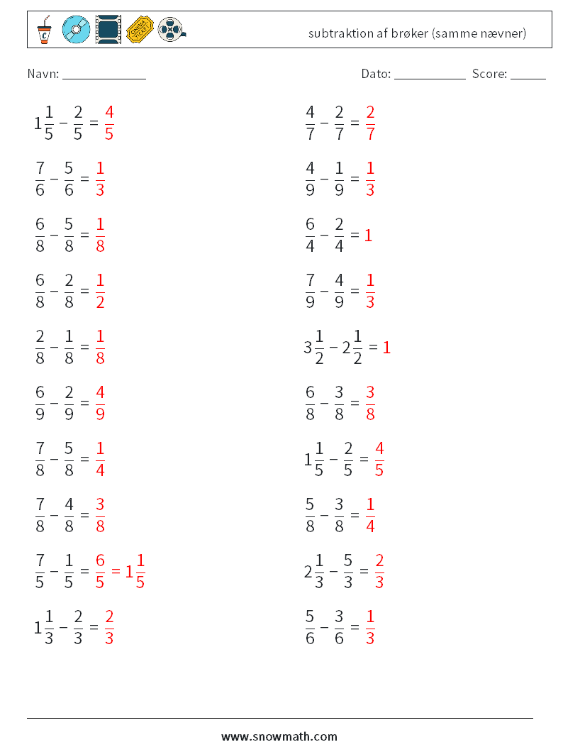 (20) subtraktion af brøker (samme nævner) Matematiske regneark 14 Spørgsmål, svar
