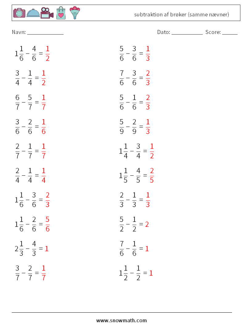 (20) subtraktion af brøker (samme nævner) Matematiske regneark 15 Spørgsmål, svar