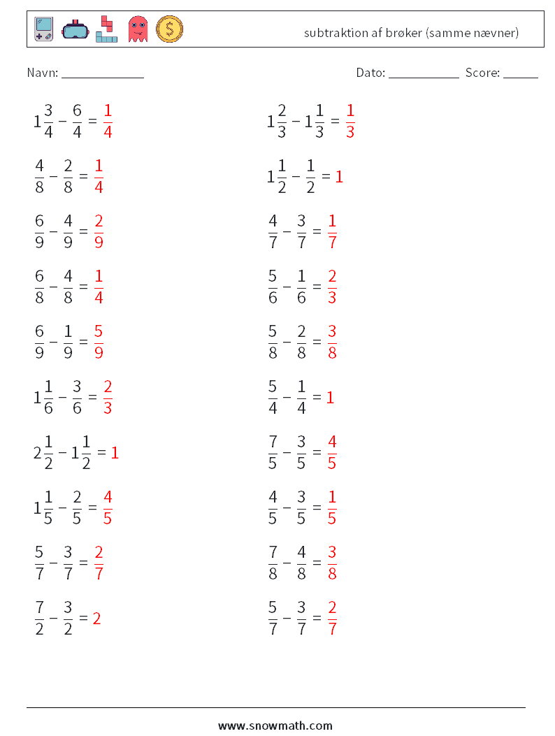 (20) subtraktion af brøker (samme nævner) Matematiske regneark 16 Spørgsmål, svar