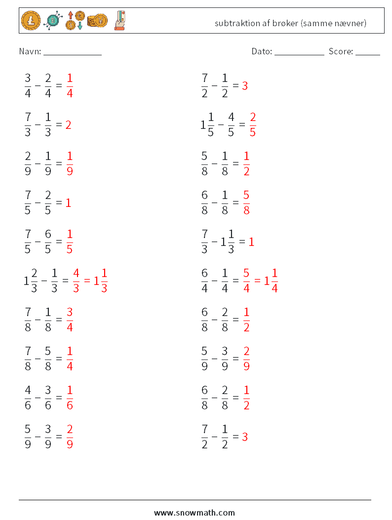 (20) subtraktion af brøker (samme nævner) Matematiske regneark 17 Spørgsmål, svar