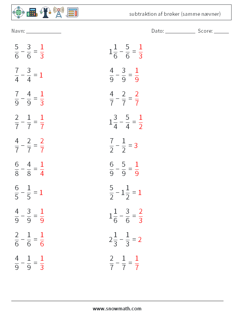 (20) subtraktion af brøker (samme nævner) Matematiske regneark 18 Spørgsmål, svar