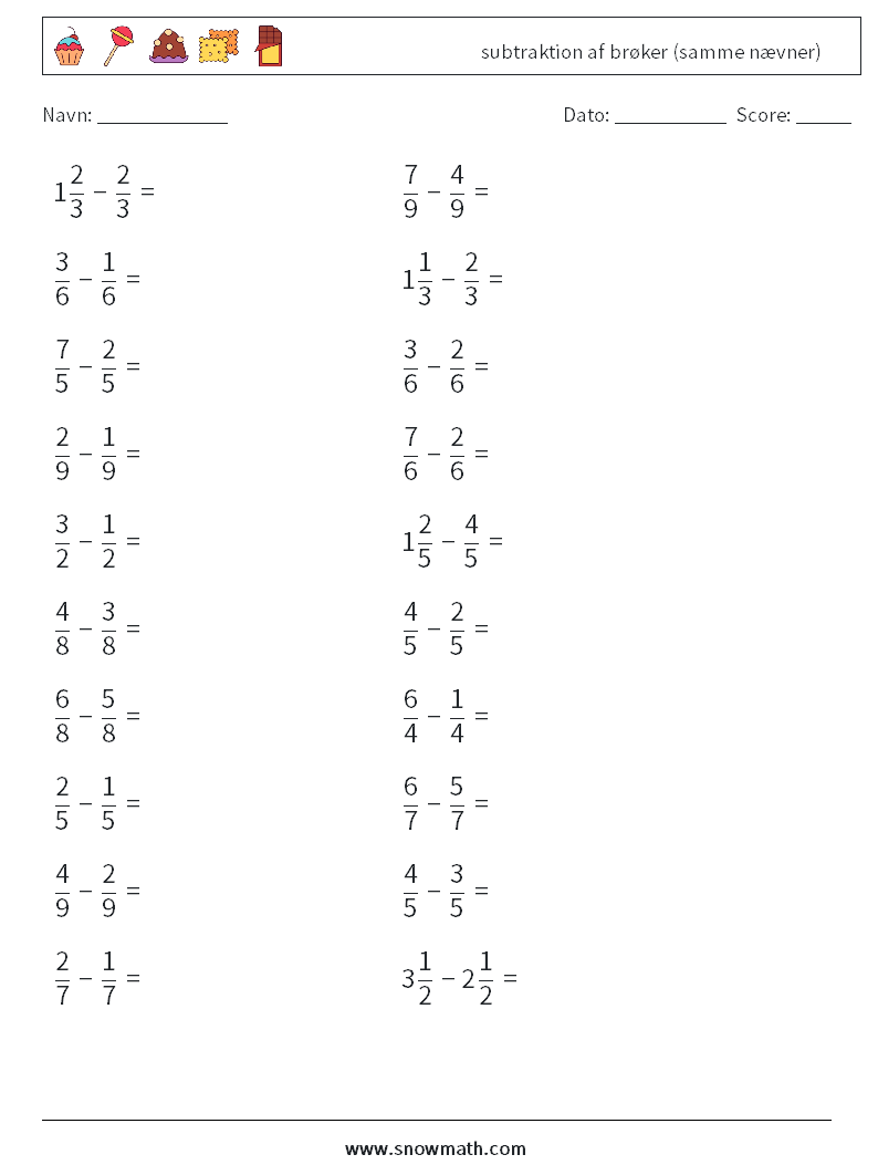 (20) subtraktion af brøker (samme nævner) Matematiske regneark 2