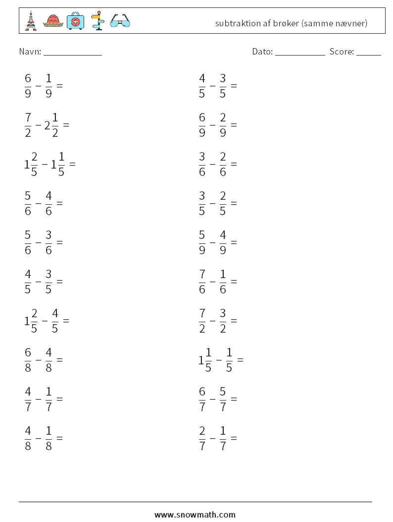 (20) subtraktion af brøker (samme nævner) Matematiske regneark 8