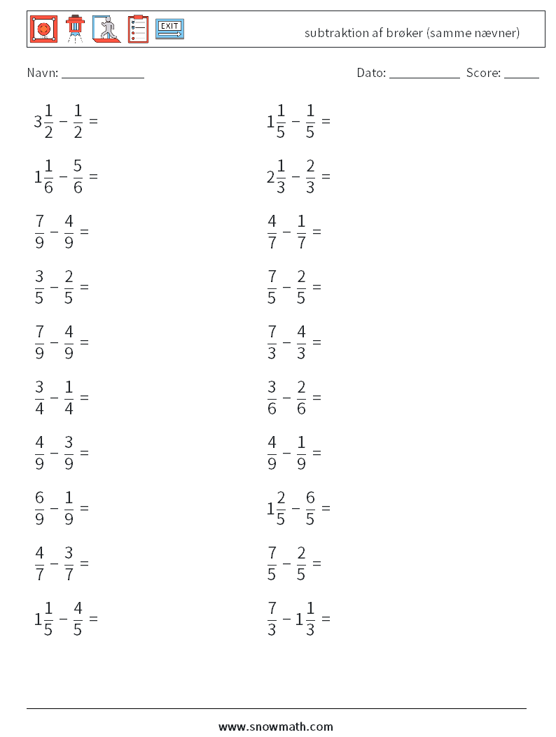 (20) subtraktion af brøker (samme nævner) Matematiske regneark 9
