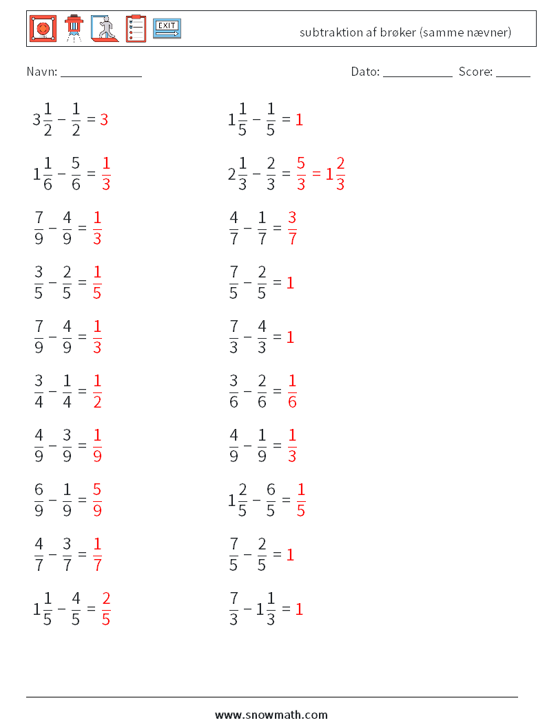 (20) subtraktion af brøker (samme nævner) Matematiske regneark 9 Spørgsmål, svar