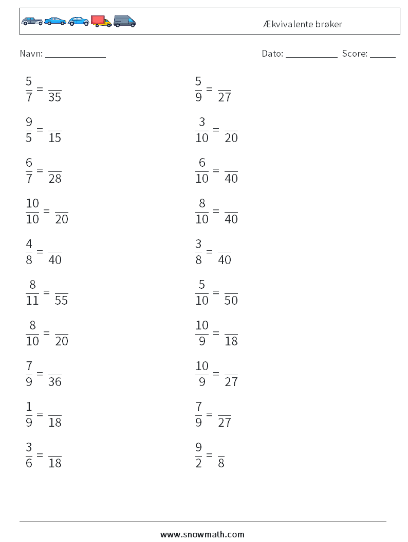 (20) Ækvivalente brøker Matematiske regneark 1