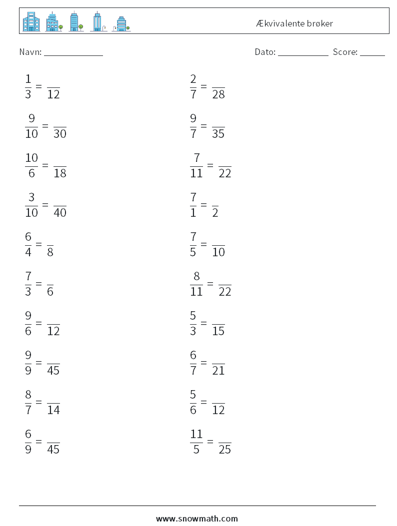 (20) Ækvivalente brøker Matematiske regneark 6