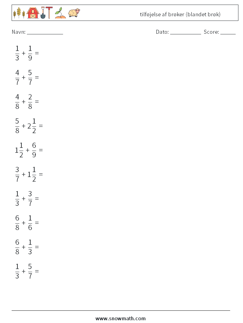 (10) tilføjelse af brøker (blandet brøk) Matematiske regneark 1