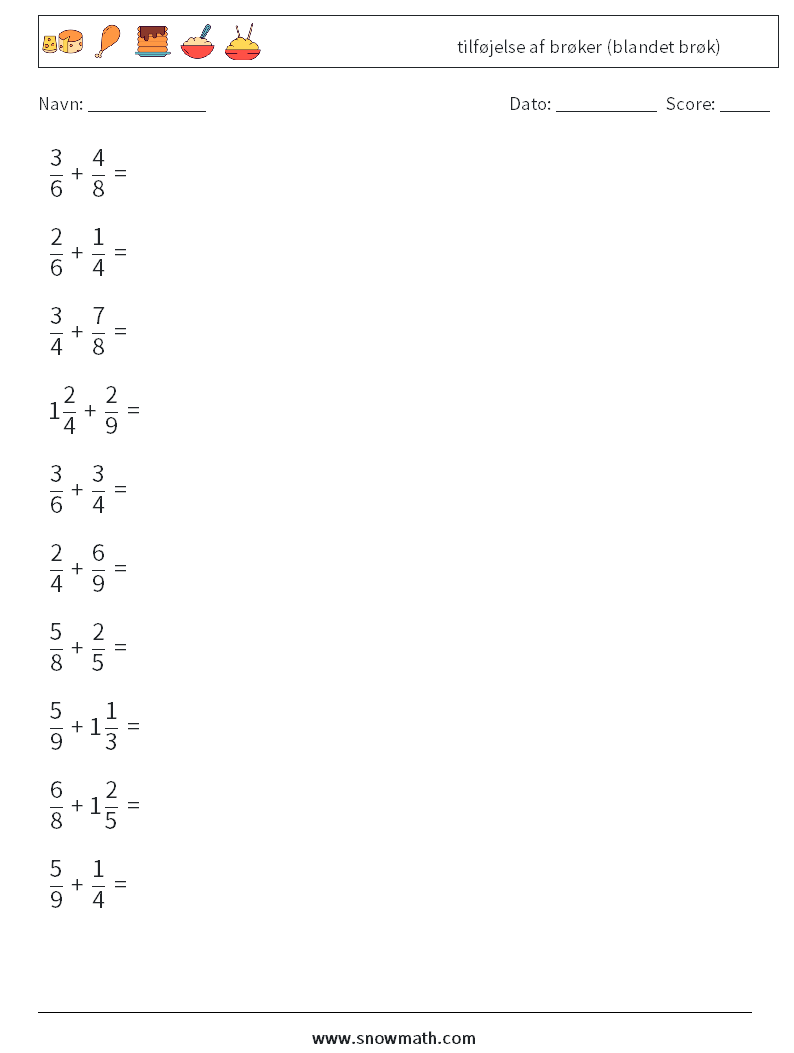 (10) tilføjelse af brøker (blandet brøk) Matematiske regneark 13