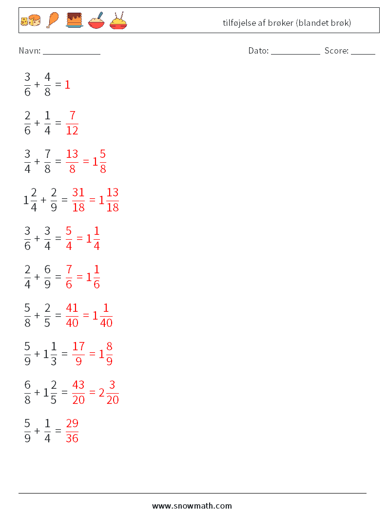 (10) tilføjelse af brøker (blandet brøk) Matematiske regneark 13 Spørgsmål, svar