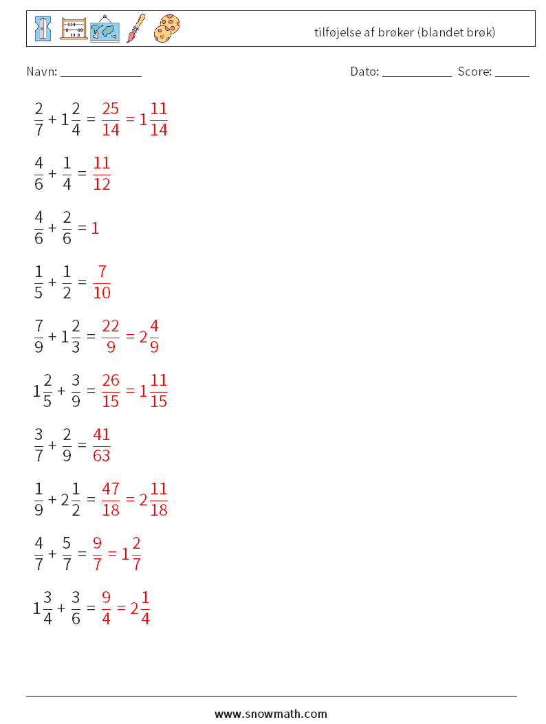 (10) tilføjelse af brøker (blandet brøk) Matematiske regneark 16 Spørgsmål, svar