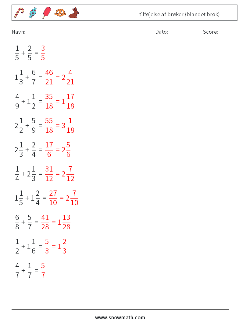 (10) tilføjelse af brøker (blandet brøk) Matematiske regneark 17 Spørgsmål, svar