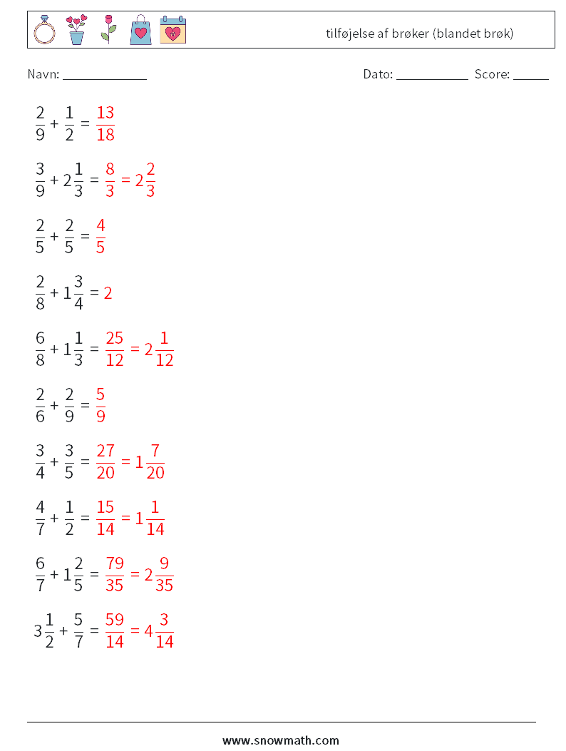 (10) tilføjelse af brøker (blandet brøk) Matematiske regneark 5 Spørgsmål, svar