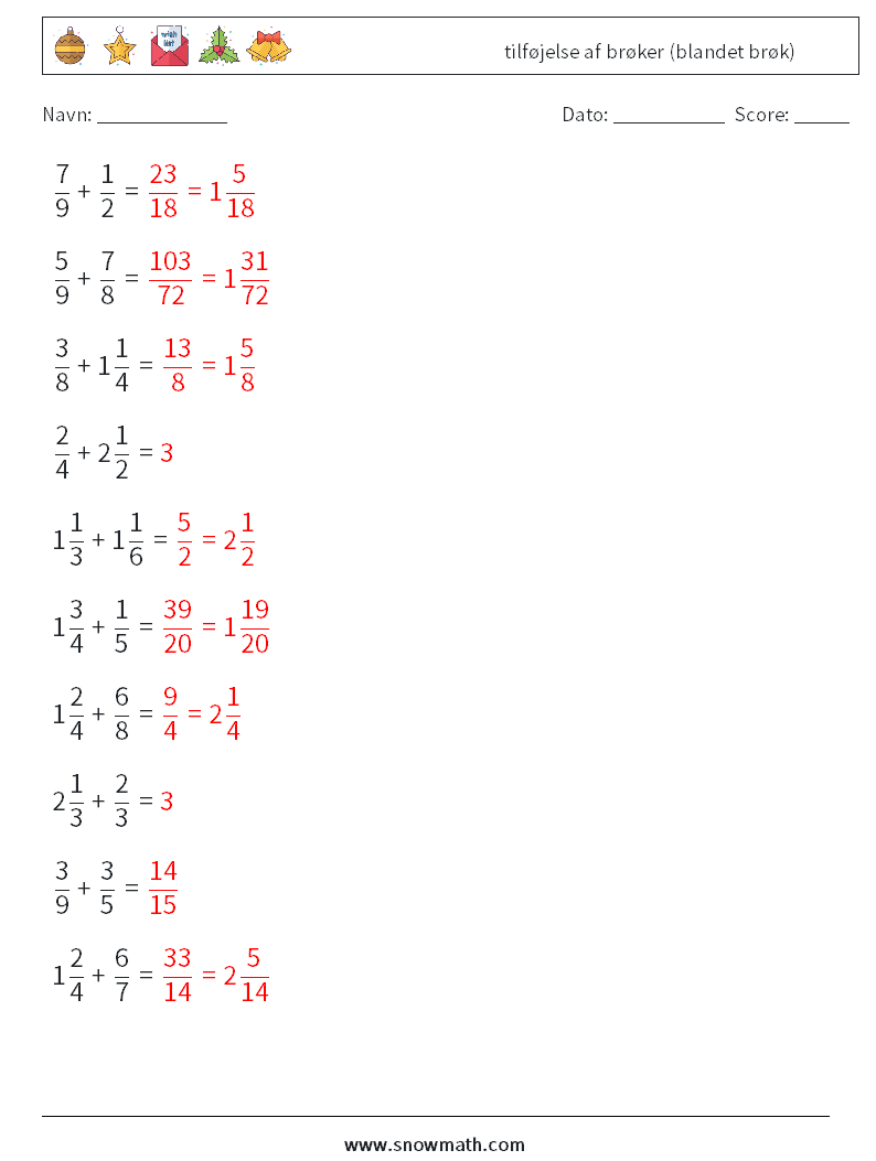 (10) tilføjelse af brøker (blandet brøk) Matematiske regneark 6 Spørgsmål, svar