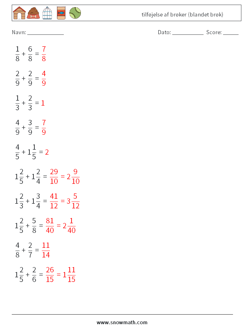 (10) tilføjelse af brøker (blandet brøk) Matematiske regneark 9 Spørgsmål, svar