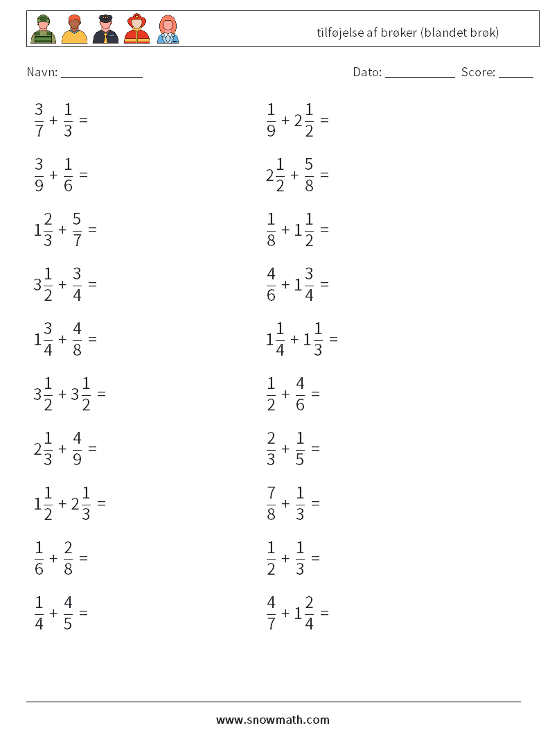 (20) tilføjelse af brøker (blandet brøk) Matematiske regneark 1