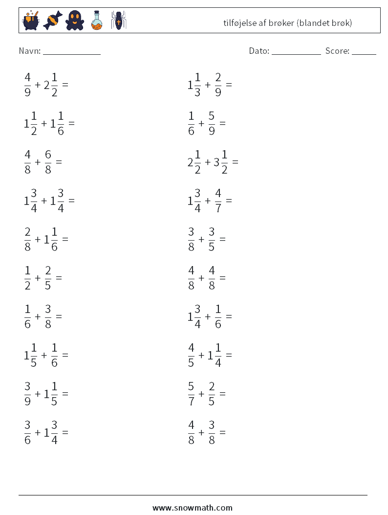 (20) tilføjelse af brøker (blandet brøk) Matematiske regneark 10