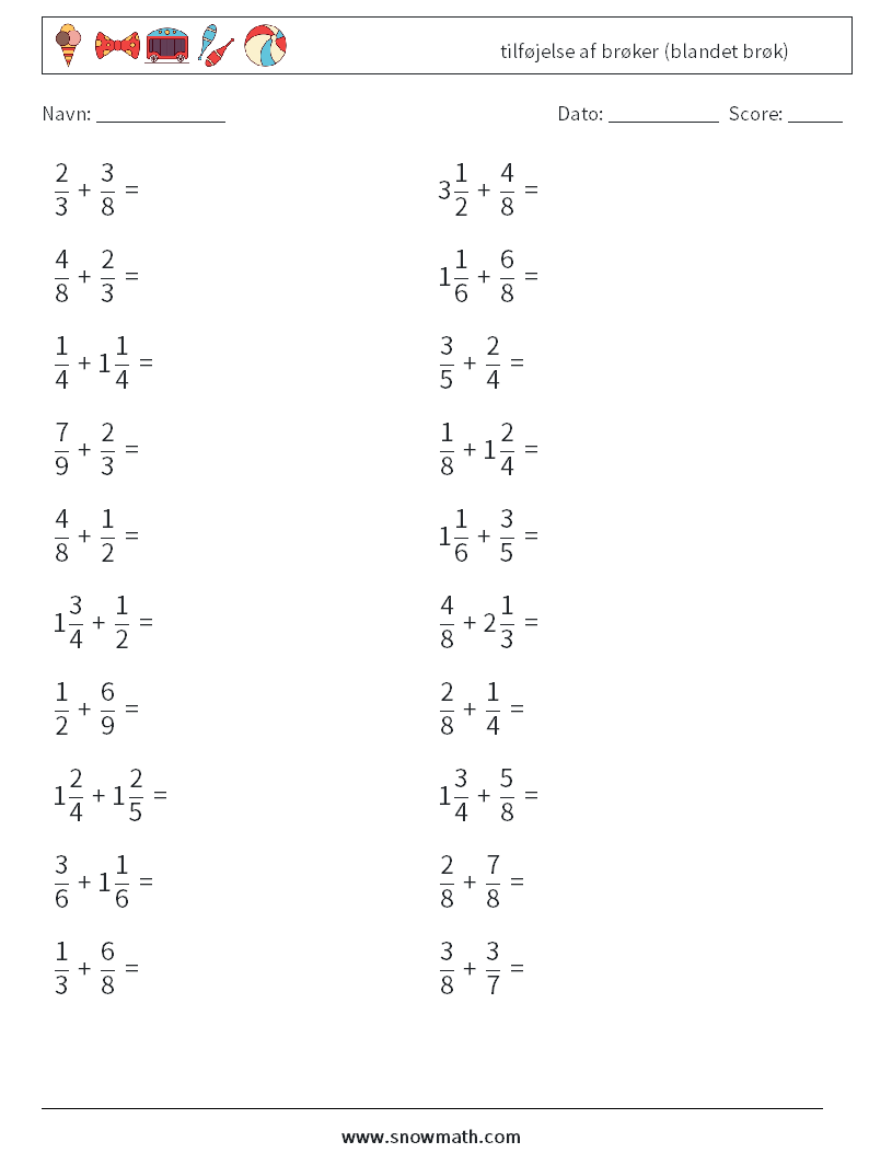 (20) tilføjelse af brøker (blandet brøk) Matematiske regneark 11