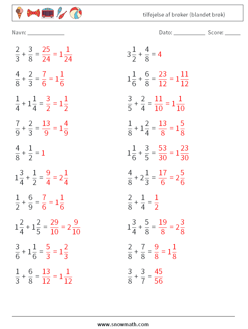 (20) tilføjelse af brøker (blandet brøk) Matematiske regneark 11 Spørgsmål, svar