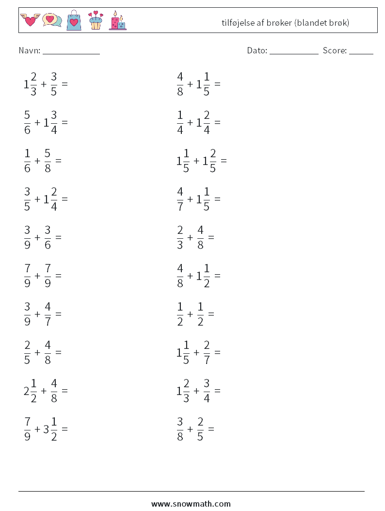 (20) tilføjelse af brøker (blandet brøk) Matematiske regneark 12