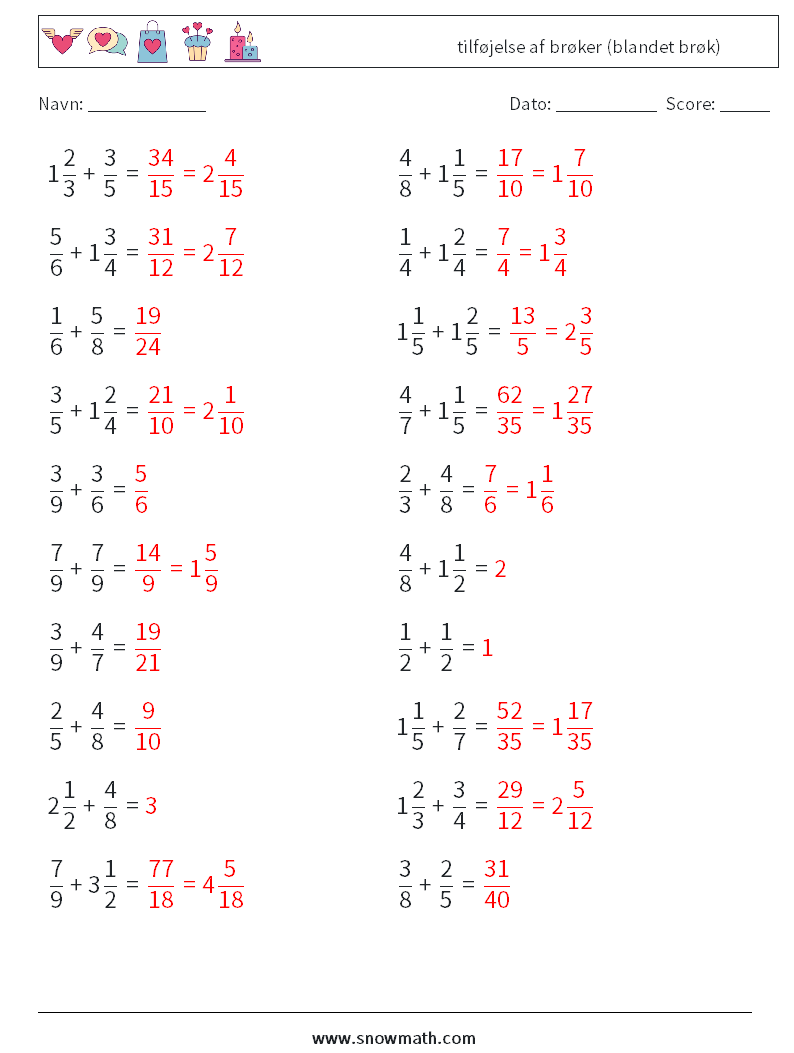 (20) tilføjelse af brøker (blandet brøk) Matematiske regneark 12 Spørgsmål, svar