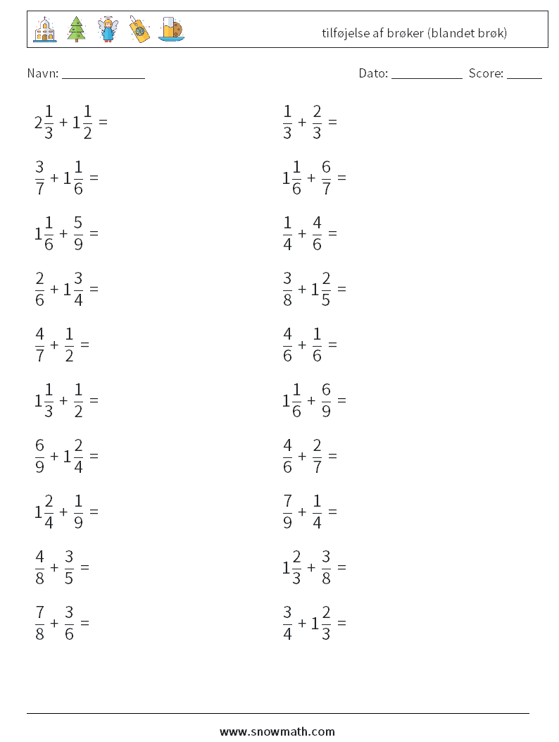 (20) tilføjelse af brøker (blandet brøk) Matematiske regneark 13