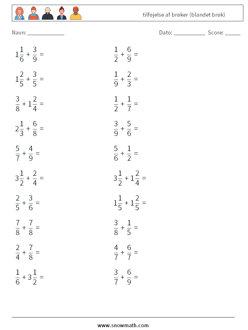 (20) tilføjelse af brøker (blandet brøk) Matematiske regneark 14