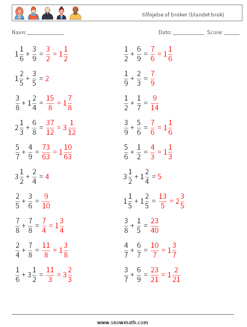 (20) tilføjelse af brøker (blandet brøk) Matematiske regneark 14 Spørgsmål, svar