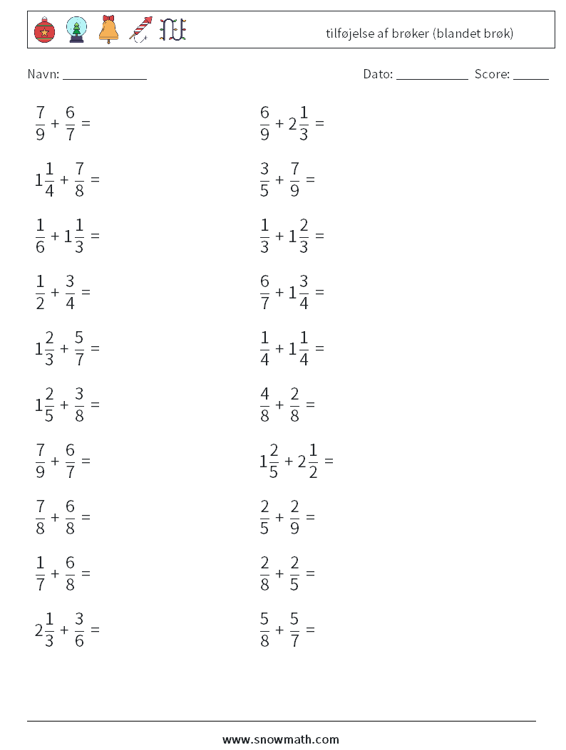 (20) tilføjelse af brøker (blandet brøk) Matematiske regneark 15